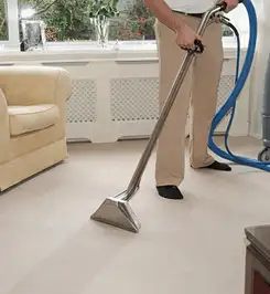Professional carpet cleaner using a hot-water extraction wand and hose machine in a living room in Columbus, OH.
